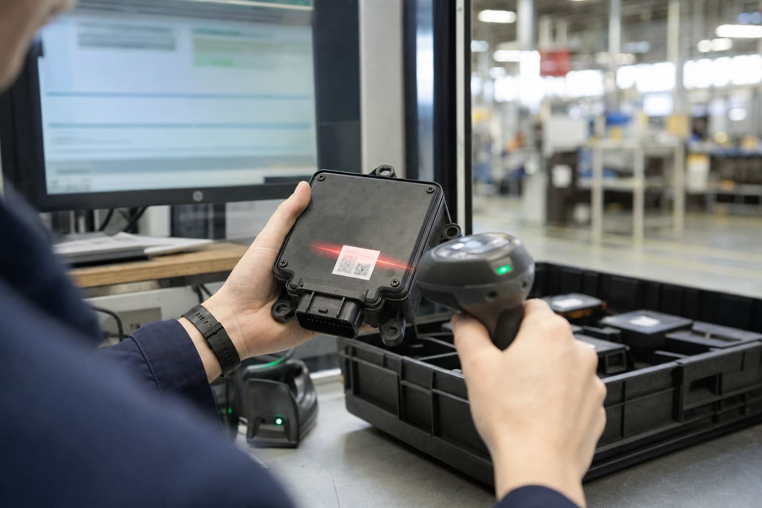 Handheld barcode scan of a sealed automotive electronics module label at an inspection bench, with a parts tray and terminal in the background.