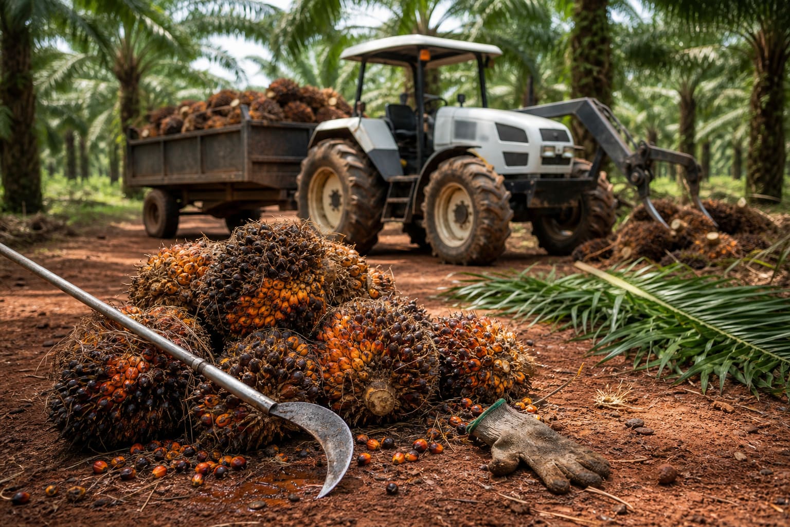 Agricultural tractor with mounted sealed power distribution box working a palm-oil plantation in Southeast Asia — sustained dust and high-humidity duty cycle