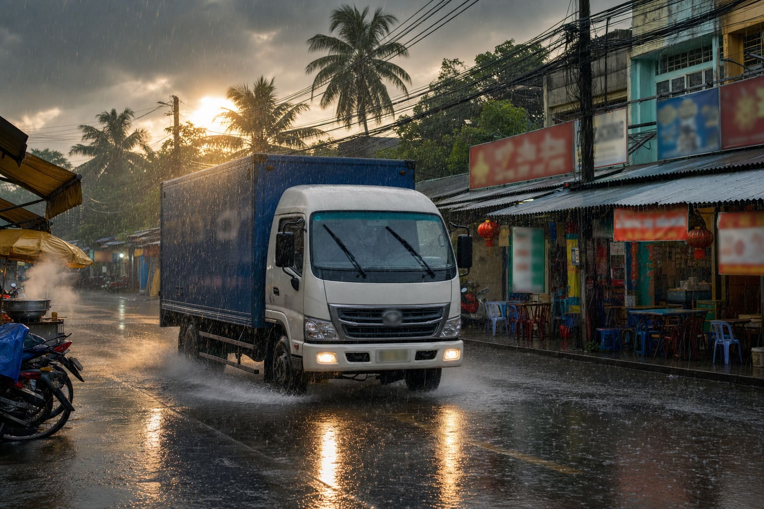 Commercial cargo truck navigating a wet tropical street during ASEAN monsoon season — water-reflective road, dense palms and Southeast Asian city backdrop