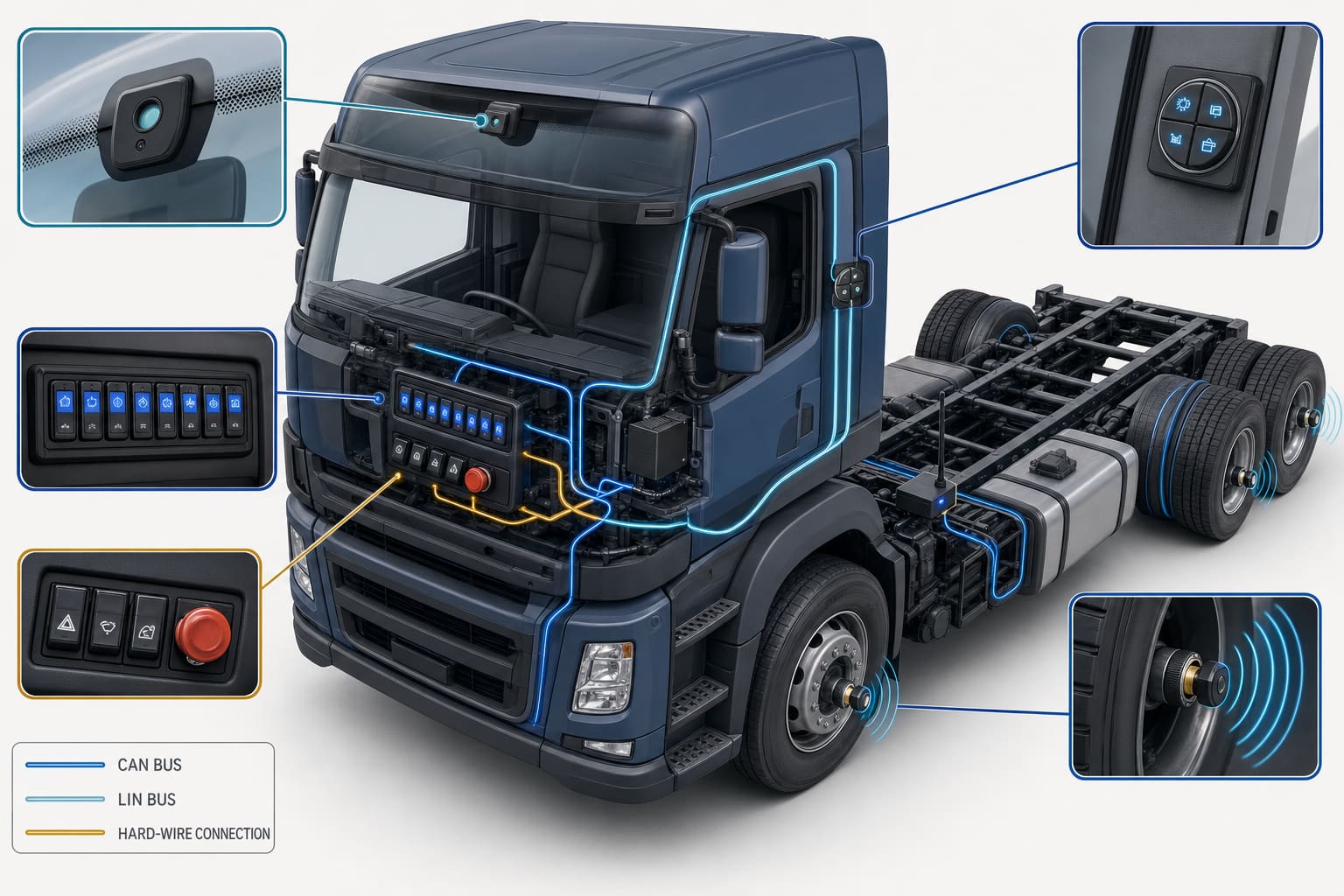 Isometric cutaway illustration of a generic heavy commercial truck showing the switches and sensors stack: CAN switch panel and rotary panel in the cabin, a row of mechanical rocker switches and a red emergency cut-off button on the lower dashboard, rain-light sensor behind the windscreen, valve-stem TPMS sensors inside the front and rear tyres, and the BCM control unit at the centre of the cabin. Color-coded lines show CAN bus, LIN bus and hard-wire connections.