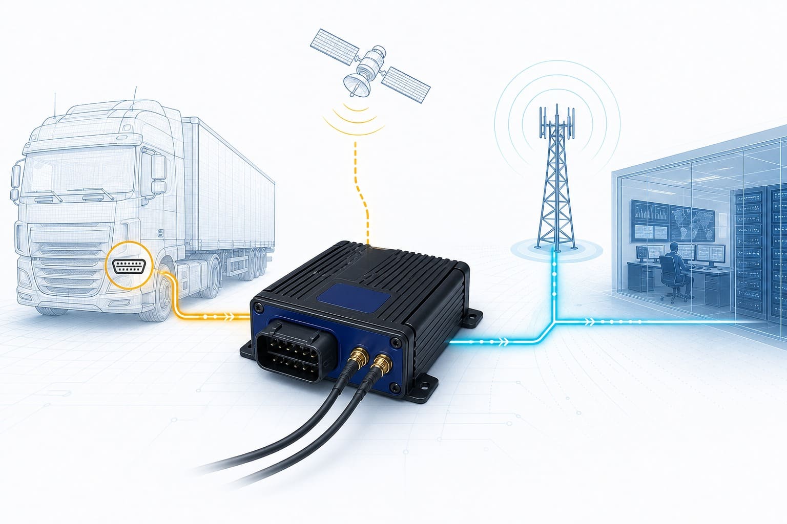Blueprint-style flow illustration of a commercial-vehicle T-BOX: the truck's CAN bus feeds the telematics box, which links to a GNSS satellite, a cellular tower and a fleet back-end office.