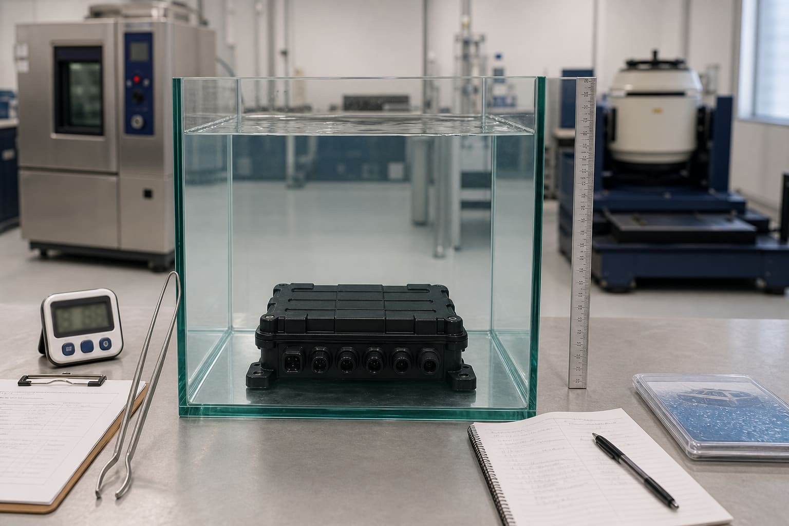 IPX7 immersion method for a sealed power-distribution box: full submersion in a transparent water tank, with gasket and connector boundaries checked for streaming bubbles