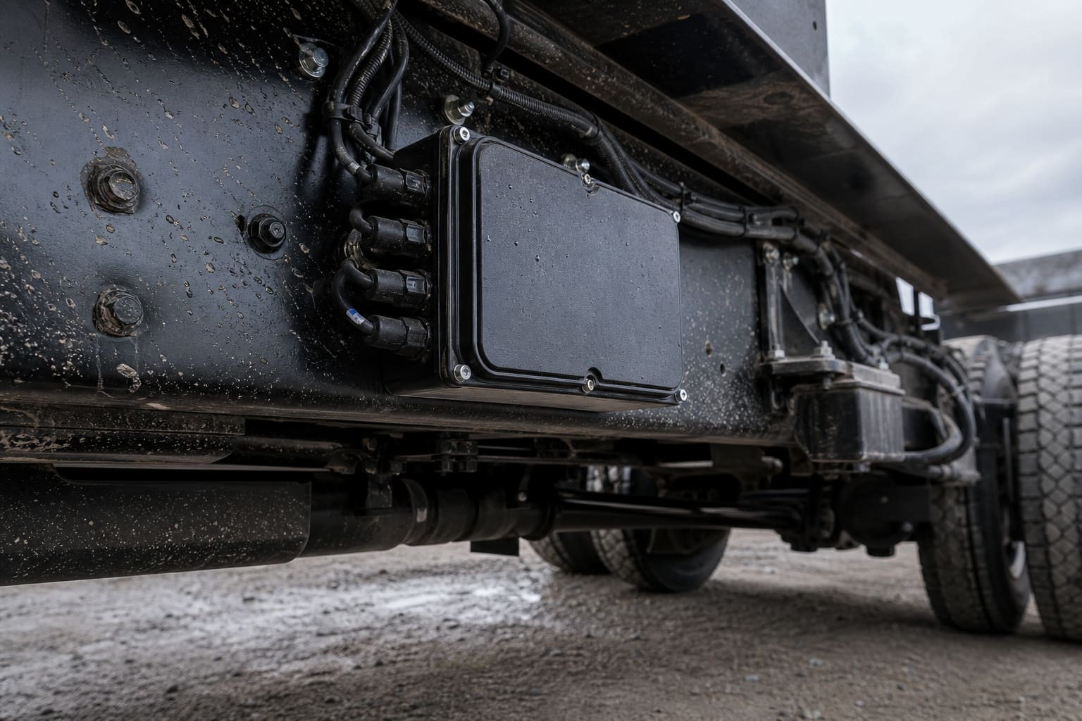 Sealed IP67 power distribution box mounted on a heavy commercial truck chassis rail, viewed from below — surrounded by mud splatter and road grime, but the box itself is intact and dry