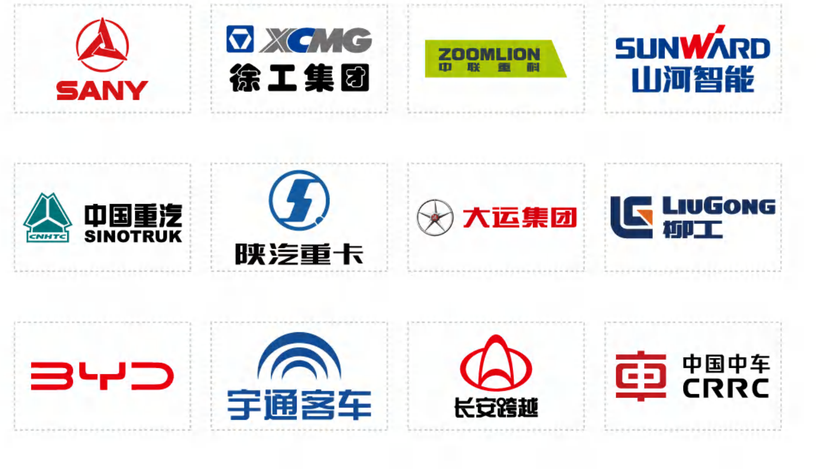 OEM partners — SANY, XCMG, ZOOMLION, SUNWARD, SINOTRUK, Shacman, Dayun, LiuGong, BYD, Yutong, Changan, CRRC
