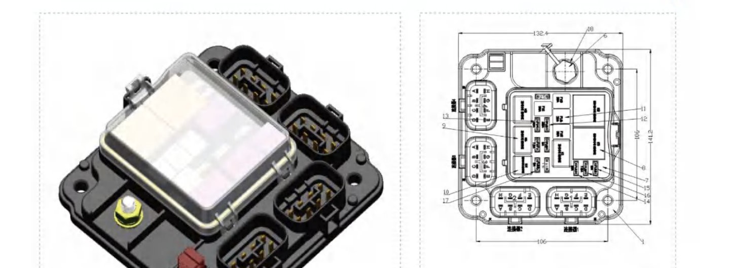 NBX-2404 6-channel relay box — product photo (left) and top-view dimensional drawing (right)