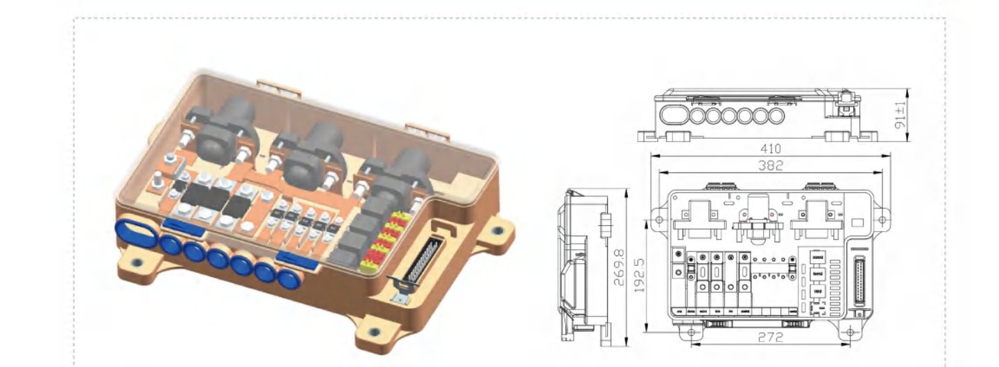NBX-968 sealed distribution box — product photo (left) and multi-view dimensional drawing (right)