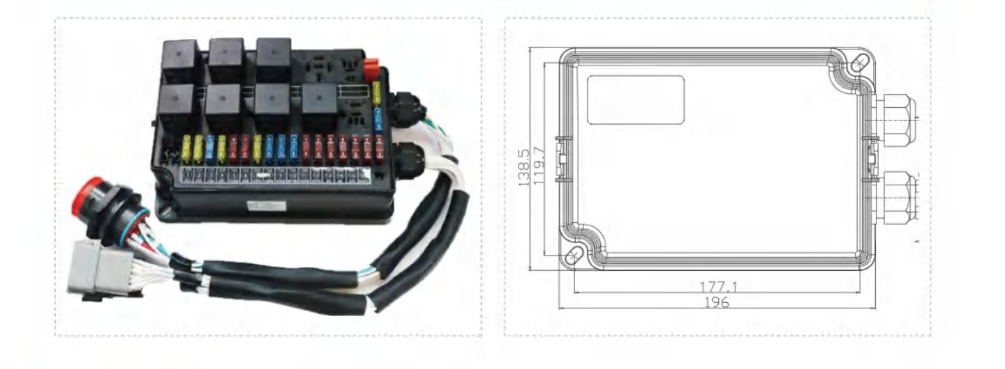 NBX-971 waterproof central distribution box — product photo (left) and top-view enclosure drawing (right)