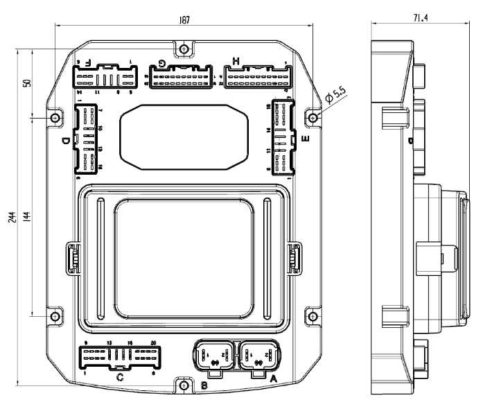 EBX-2050 mechanical drawing — front and side engineering views with overall envelope dimensions, fuse-bay cap on the front face and eight connectors split across the perimeter