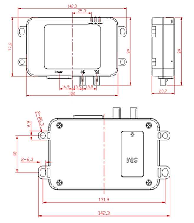 EBX-2054 mechanical drawing — top view, front view with power / CAN / GNSS antenna ports, and bottom view with SIM slot and four mounting ears