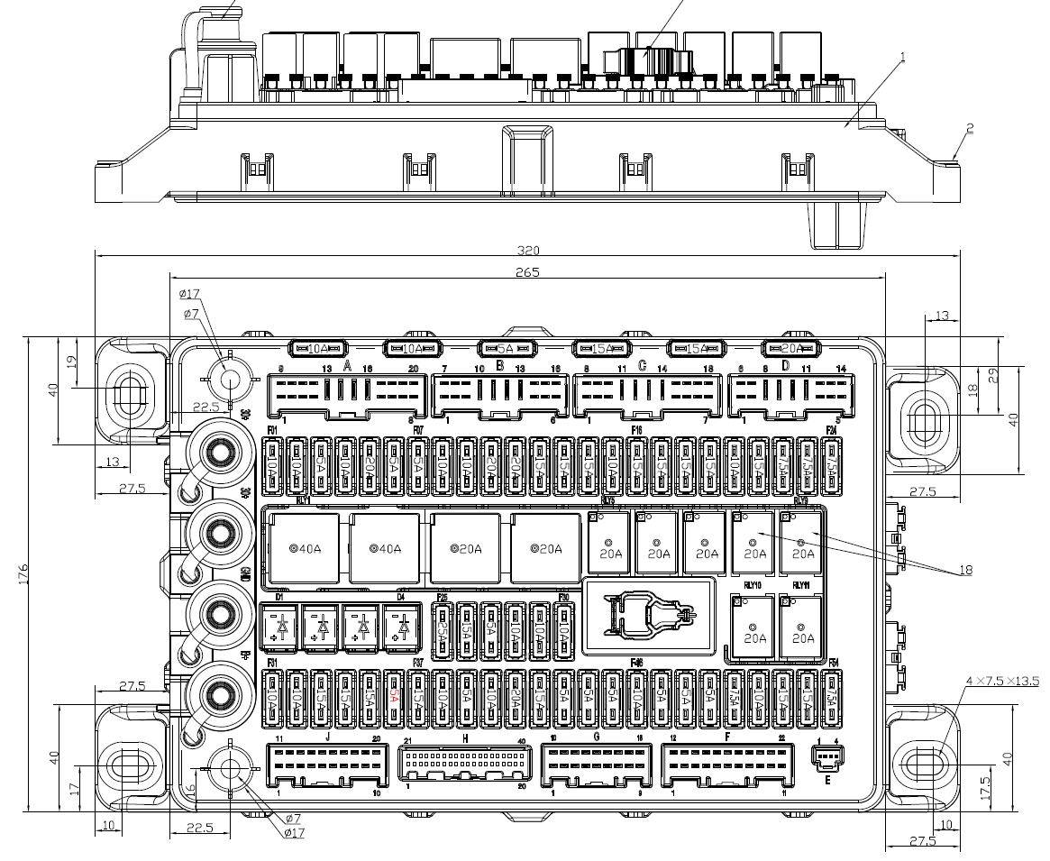 EBX-2160 internal layout — top-down engineering view with eleven main relays, sixty-plus blade fuses and nine harness connector positions A-J
