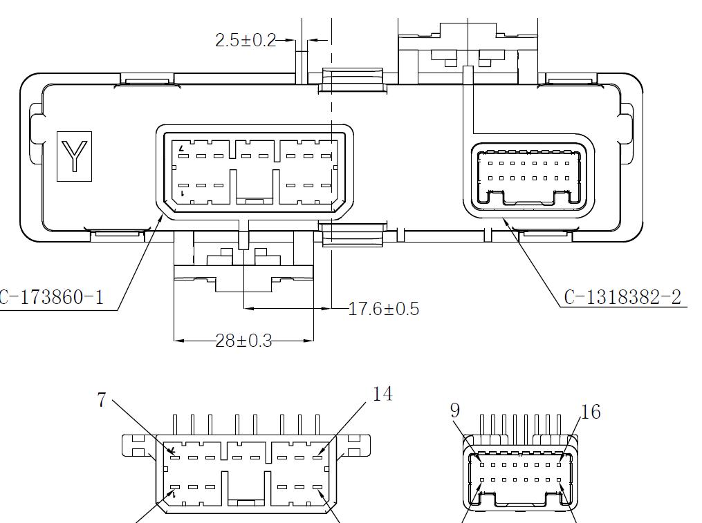 EBX-2162 connector face — 14-pin Tyco C-173860-1 and 16-pin Tyco C-1318382-2 outline
