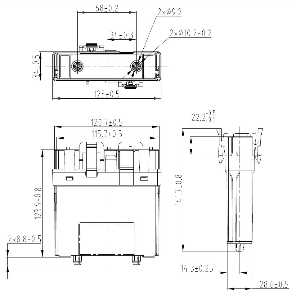 EBX-2163 mechanical drawing — top, front and side engineering views with overall envelope dimensions and mounting cut-out hole pitch