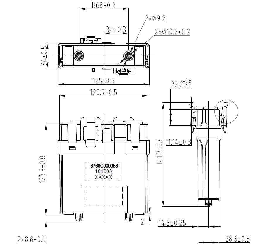 EBX-2164 mechanical drawing — top, front and side engineering views with overall envelope dimensions, mounting cut-out hole pitch, and permanent-marking area
