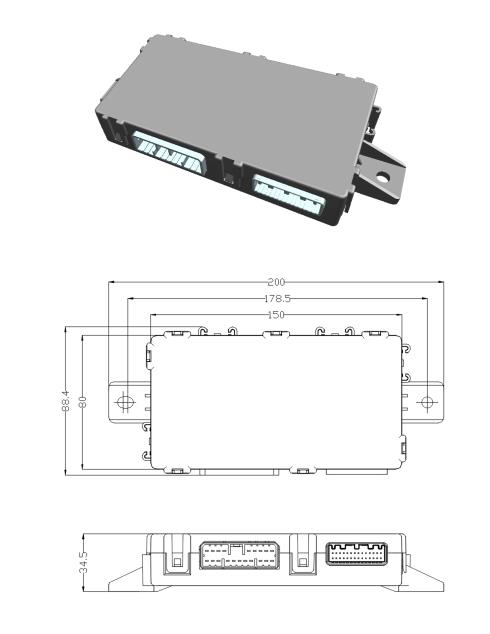 EBX-2206 mechanical drawing — side and top-down views with two harness connectors on the left and right edges and overall envelope dimensions