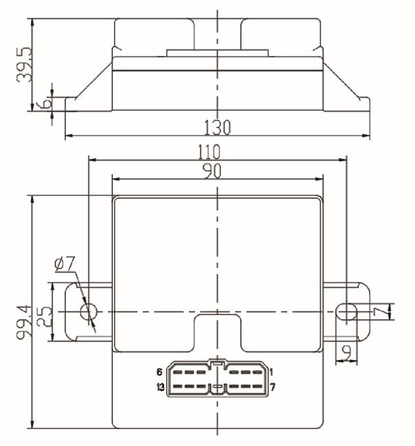 EBX-2208 mechanical drawing — side view, top-down view with 13-pin connector position and mounting ear dimensions
