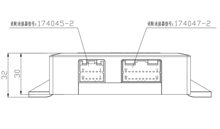 EBX-2301 connector outline — A-side 174045-2 (mating 12-pin) and B-side 174047-2 (mating 20-pin)