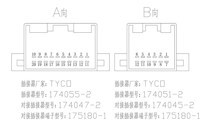 EBX-2301 connector A-side and B-side pin-numbering outline with Tyco reference P/N