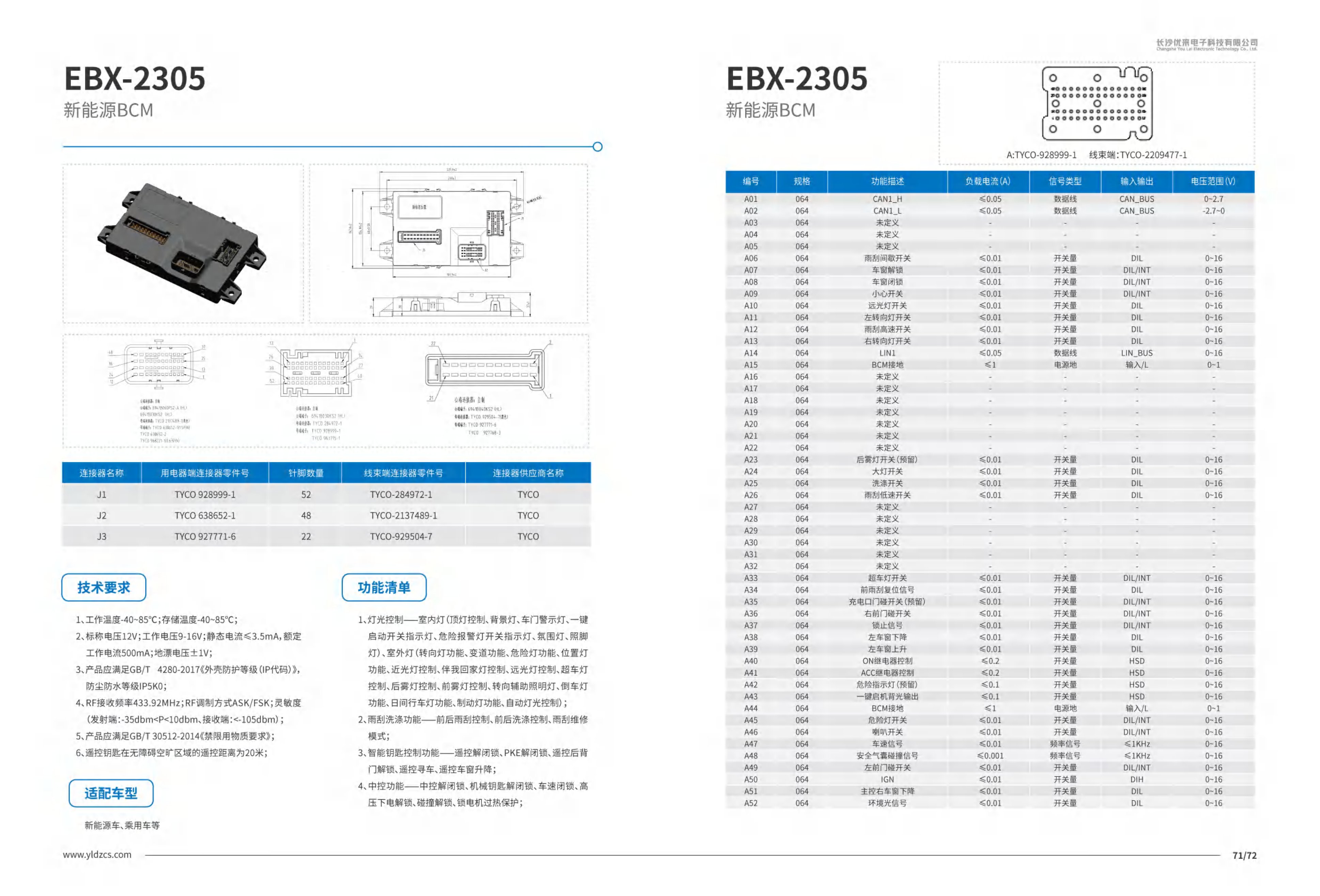 EBX-2305 connector layout, mechanical drawing and J1 (A-side) I/O reference table