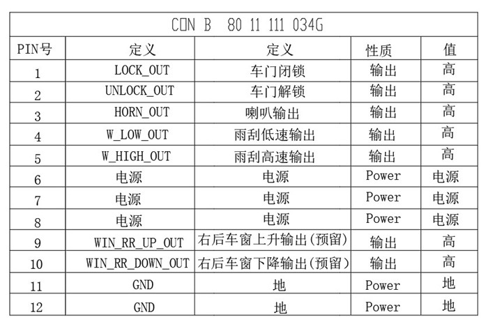 EBX-2313 CON B 12-pin output reference table — central locking, horn, wiper drive, electric-window reserved