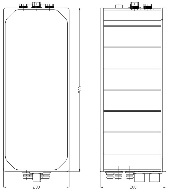 EBX-2314 mechanical engineering drawing — top and side engineering views with HV connector face and LV connector face on opposite faces of the long control-box body