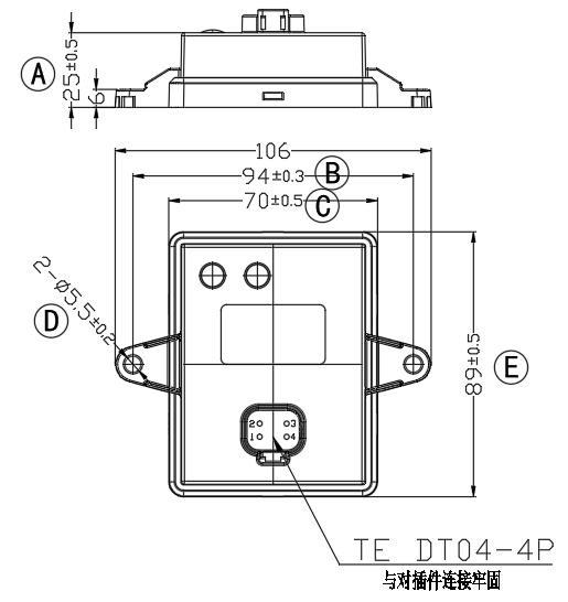 EBX-2404 mechanical drawing — front engineering view with TE DT04-4P 4-pin connector on the bottom edge and overall envelope dimensions