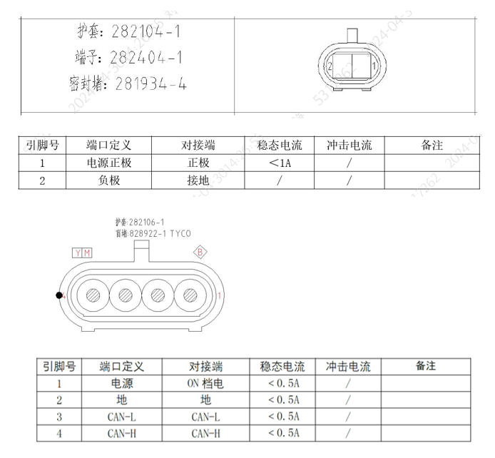 EBX-2406 connector pin-out reference — 2-pin power-in (TE 282104-1) and 4-pin power+CAN (TE 282106-1) with pin definitions