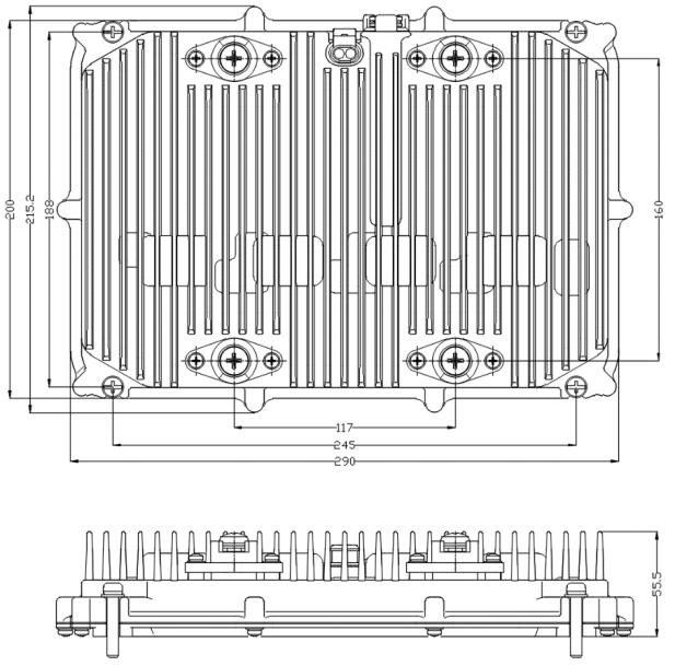 EBX-2407 mechanical engineering drawing — top and side views with overall envelope dimensions and finned heat-sink top face