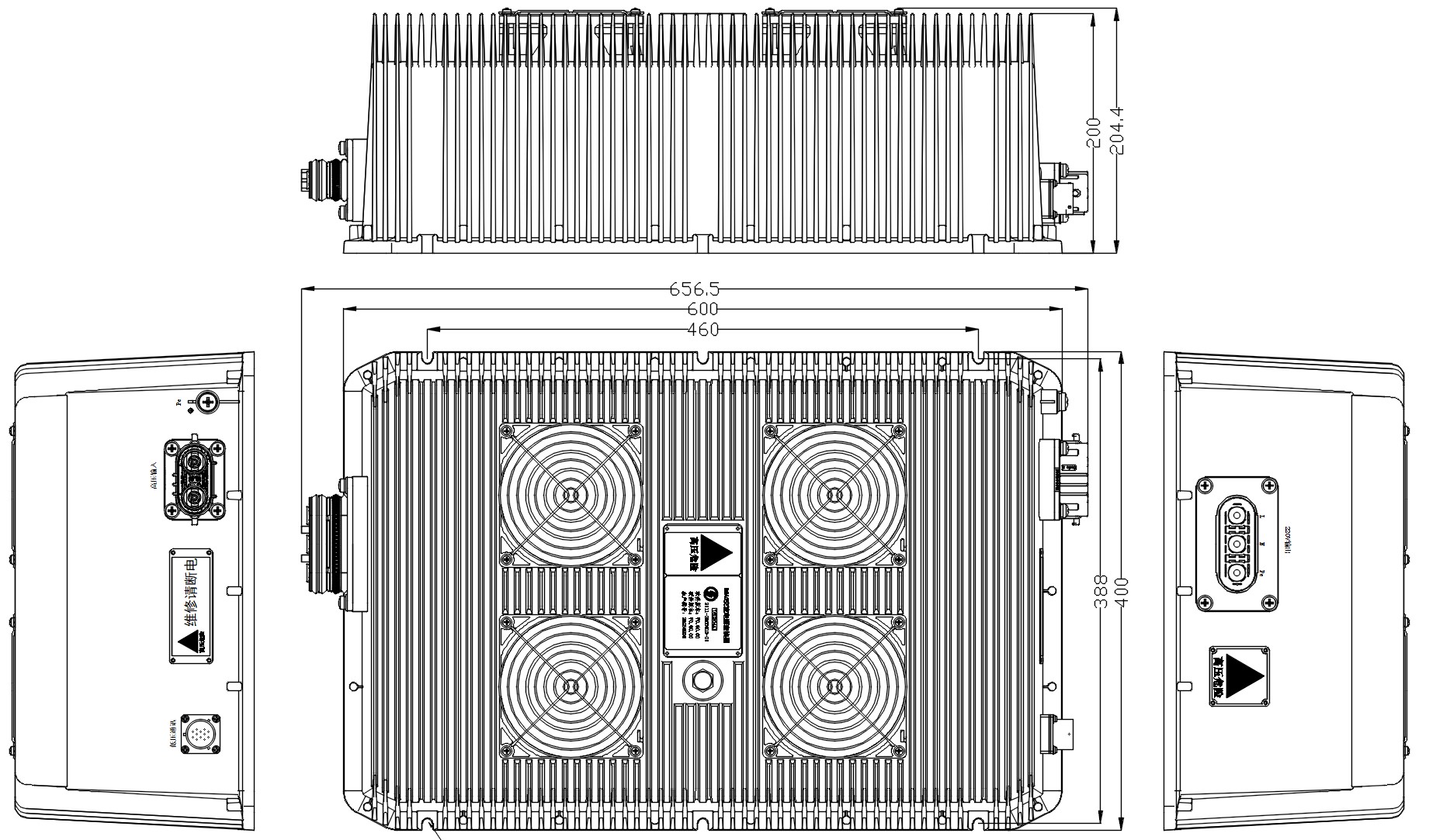 EBX-2514 mechanical engineering drawings — top view with quad-fan heat-sink, side views with HV input connector and AC output connector faces, and front view with mounting-bolt pattern