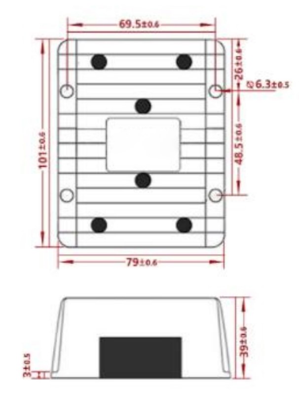 EBX-2515 mechanical engineering drawing — top view with four corner mounting holes (Ø6.3 mm) and finned heat-shed surface, side view with low-profile body height