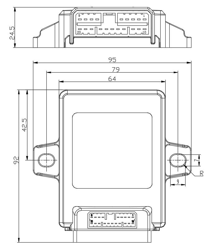 EBX-952 mechanical drawing — top-down view, side view with single 20-pin harness connector and overall envelope dimensions