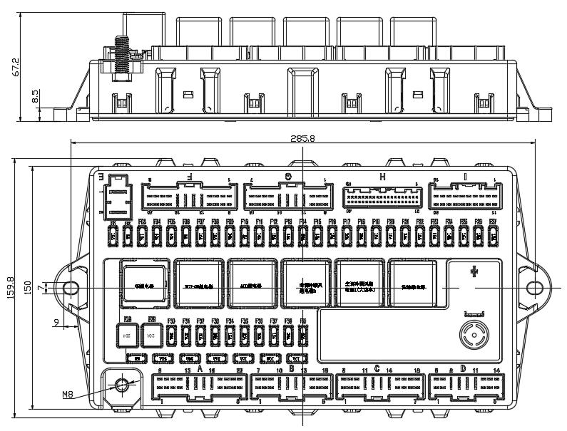 EBX-953 mechanical drawing — side view, top-down view with internal fuse/relay layout, connector positions A-I and overall envelope dimensions
