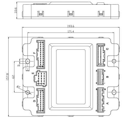 EBX-954 mechanical drawing — top-down view, side view, six connector positions A-F and overall envelope dimensions