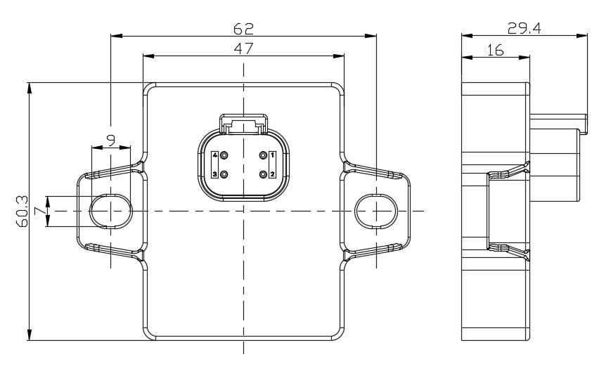 EBX-957 mechanical drawing — front view with Deutsch DT06-4S connector face, side view with depth dimensions, two side mounting ears with through-holes