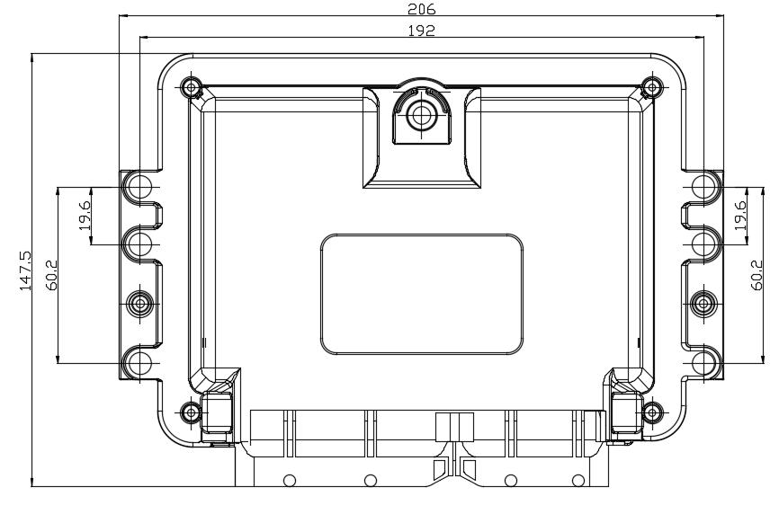 EBX-960 mechanical drawing — top-down engineering view showing 4-corner mounting ear layout, central nameplate area, and 4 harness connectors along the bottom edge