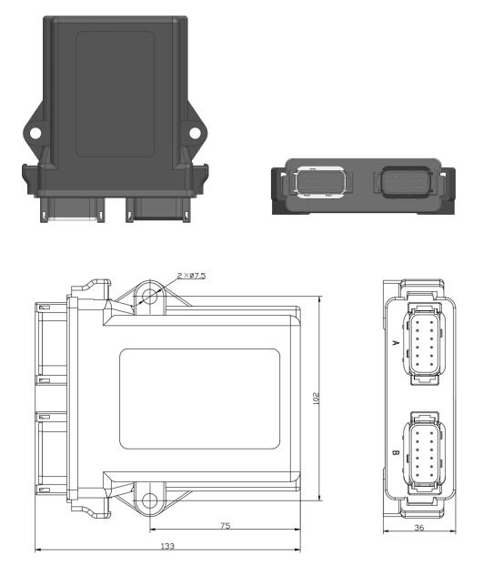 EBX-962 mechanical drawing — top, front and side engineering views with overall envelope dimensions and dual-12-pin connector face