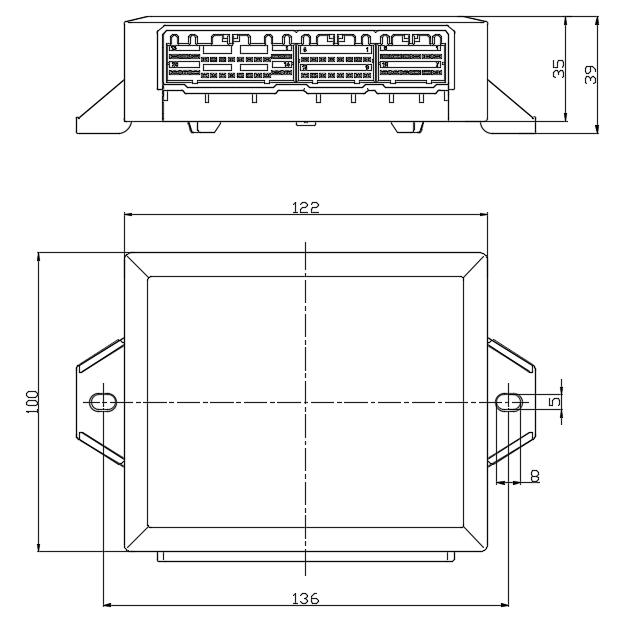 EBX-964 mechanical drawing — top and front engineering views with overall envelope dimensions and three connector boots on a single edge
