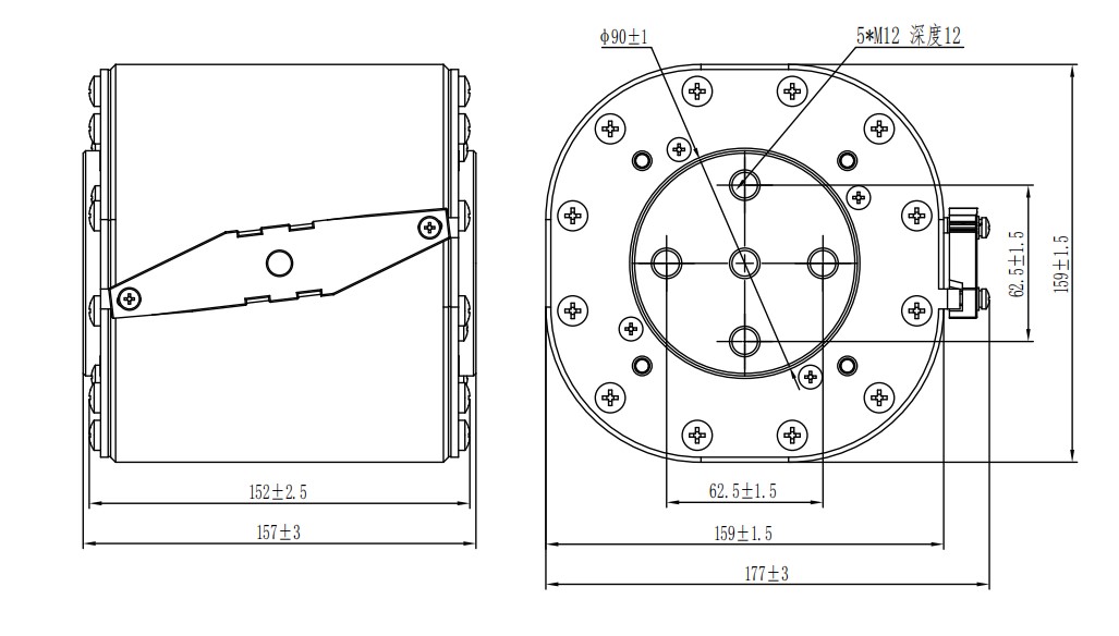 JDK-2509 mechanical drawing — side view showing the striker mechanism and 152 mm cartridge length, end view showing the 5 × M12 terminal-bolt array with Φ90 mm centre busbar path