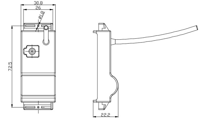 YDK-903 outline drawing — 30.8 × 72.5 × 22.2 mm body with external whip antenna and Ø1.8 mm pilot hole