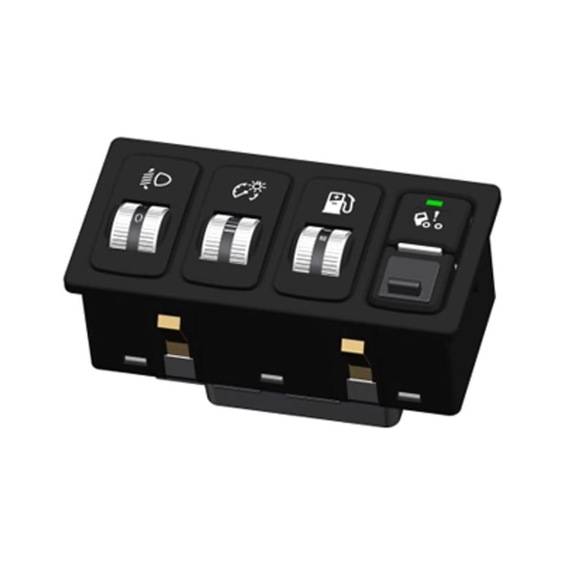 EDK-2006 combination light and instrument control switch — a dash panel with three chrome rotary knobs and a guarded button with a green indicator