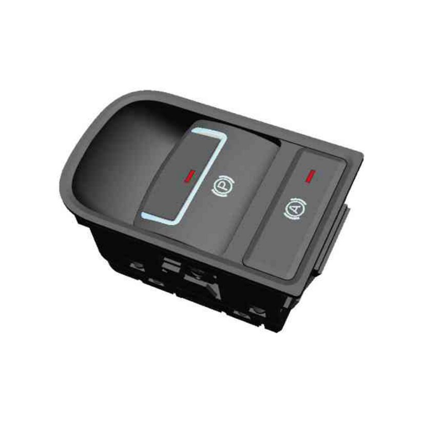 EDK-2213 electronic parking brake and Auto Hold switch — a console bezel holding a large EPB paddle marked with the P-in-a-circle symbol and a smaller Auto Hold button marked with the A-in-a-circle symbol, each with a red indicator above it