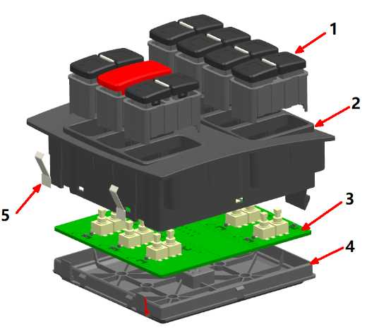 EDK-907 exploded construction view — key carrier, ABS+PC body, FR-4 PCBA with dome contacts, rear cover and stainless spring contacts