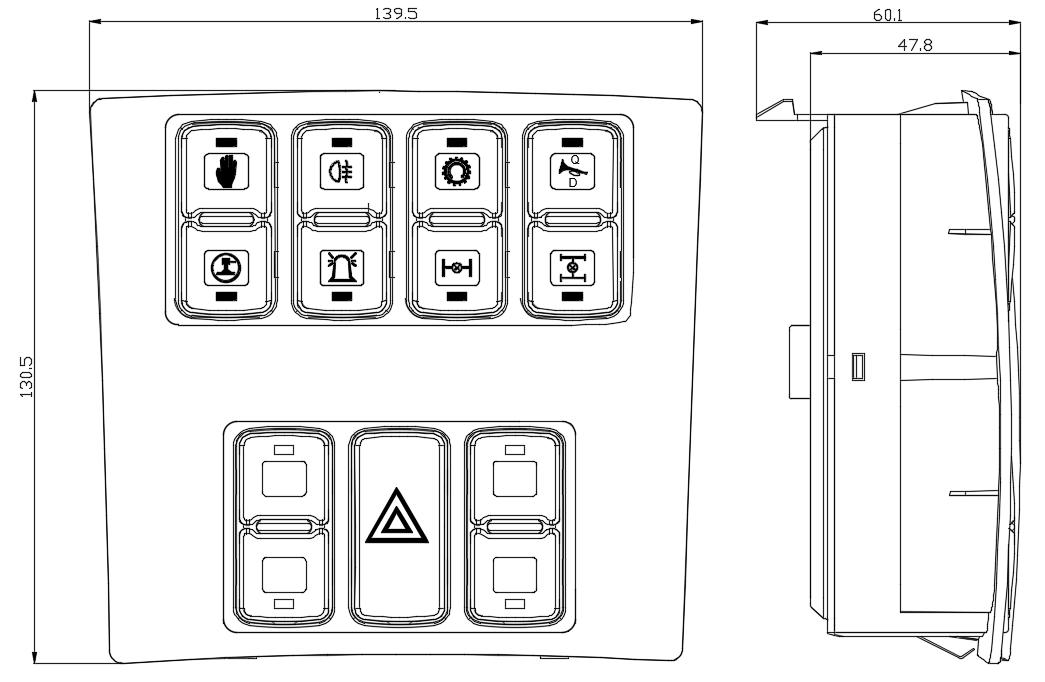 EDK-907 outline drawing — 139.5 × 130.5 mm faceplate, 60.1 × 47.8 mm body depth, with eight-position key grid layout