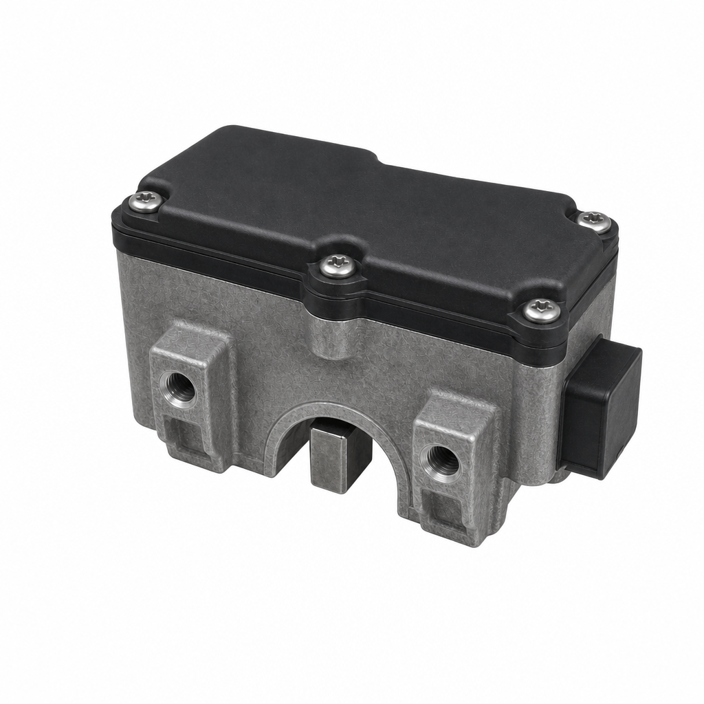 EDK-911 electronic steering column lock (ESCL) — compact die-cast housing with a column-mounting saddle and a rectangular lock bolt that engages the steering shaft, sealed connector on the side