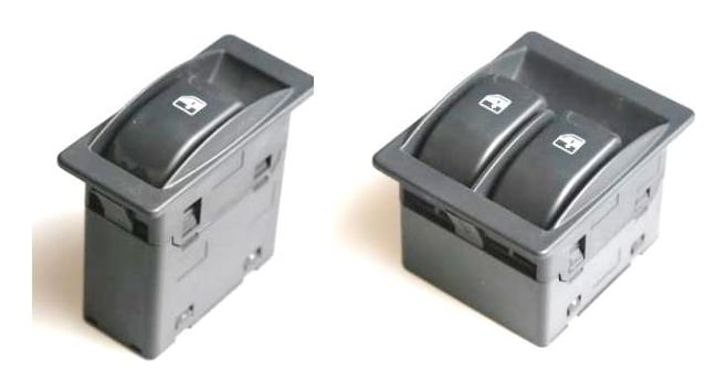 EDK-914 single-button and dual-button power-window switch variants side by side, both panel-mount with window up/down symbols