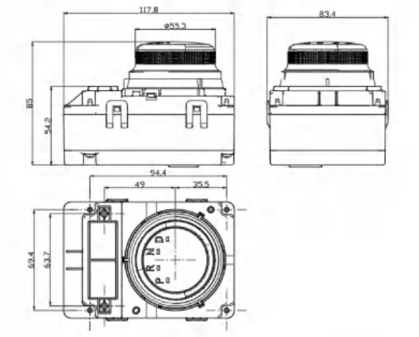 EDK-916 outline drawing with side, end and underside views