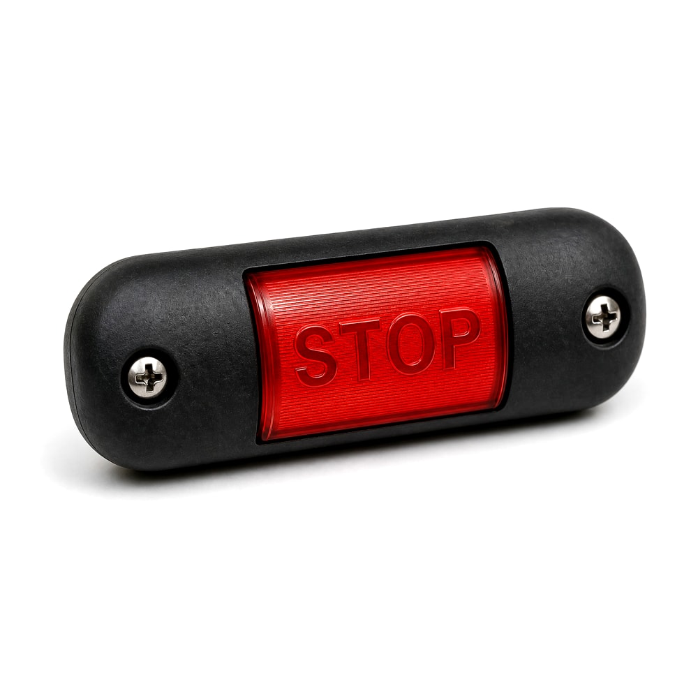 JDK-2306 wired bus stop-request button — dark pill-shaped housing with a central illuminated red STOP legend and a screw fixing at each end