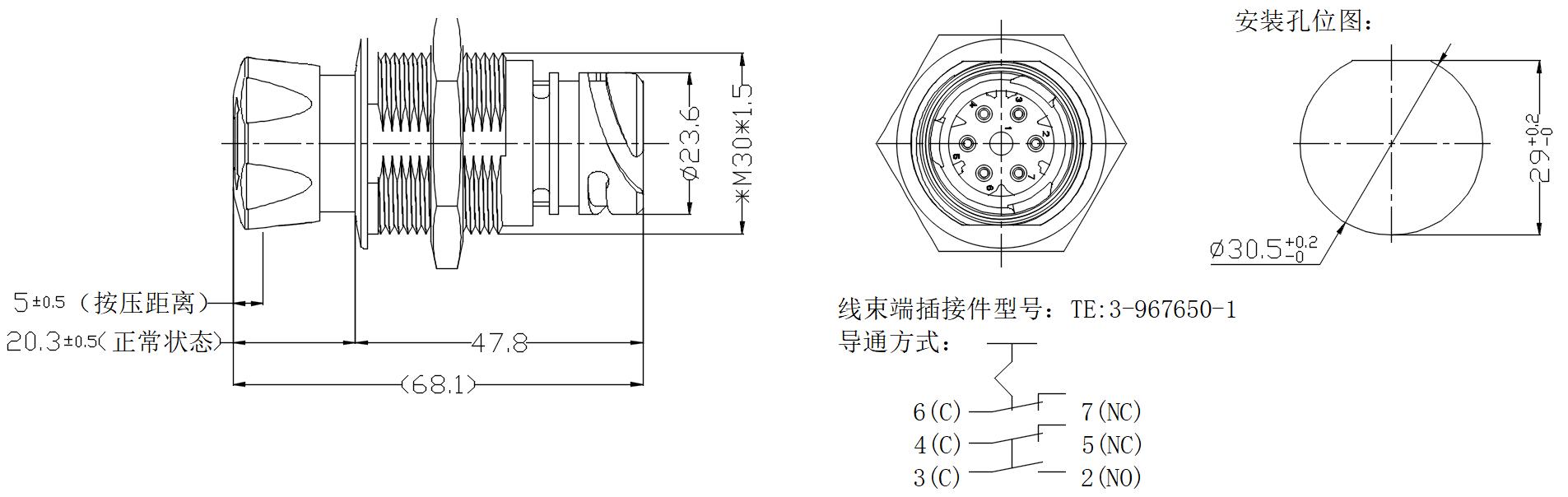 JDK-2425 outline drawing and contact wiring diagram — 68.1 mm body length, M30 × 1.5 panel-mount thread, Ø30.5 mm panel hole with Ø29 mm anti-rotation reference, 8-contact pinout with three NO/NC pairs