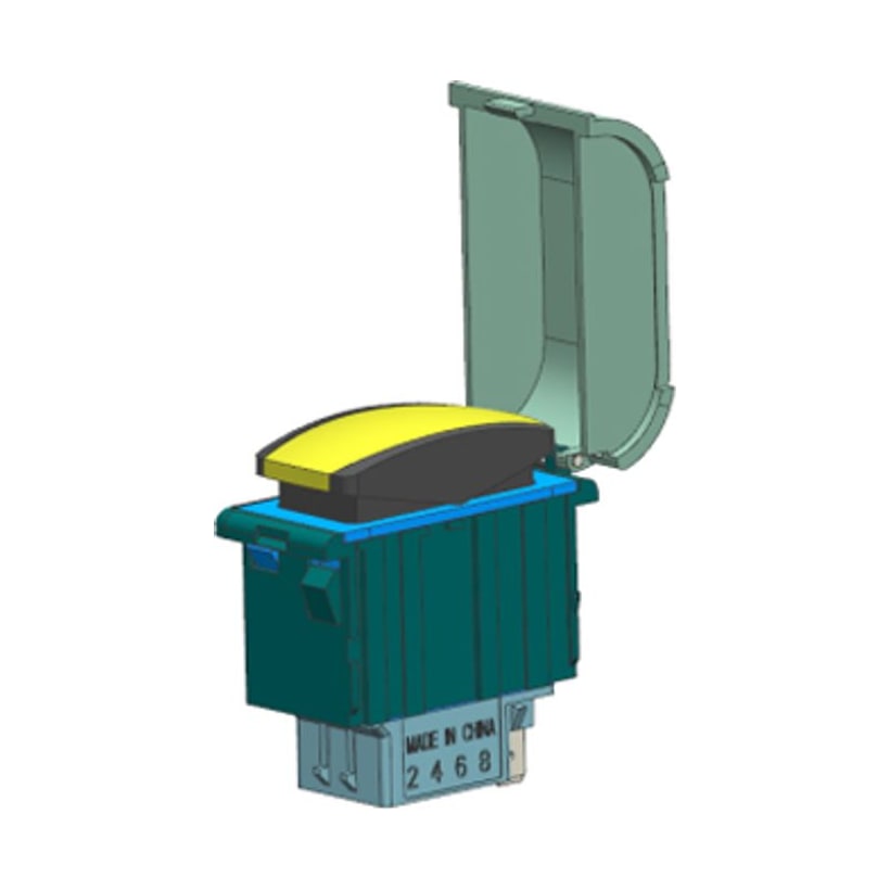 JDK-901 panel-mount rocker switch with the hinged protective cover flipped open, a paddle actuator and blade terminals marked 2/4/6/8 at the base