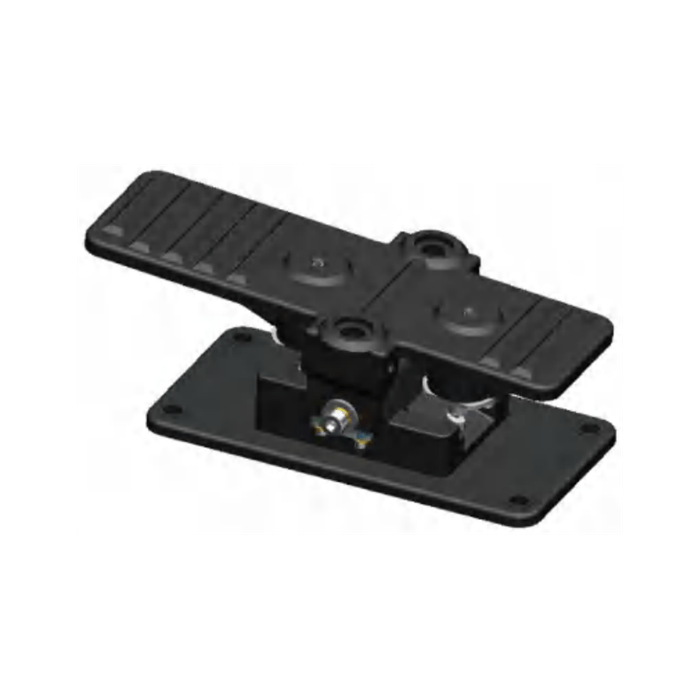 TDK-2408 bidirectional travel pedal switch — a dual-tip rubber-topped foot pedal on a metal base plate that rocks fore and aft, with a connector at the base