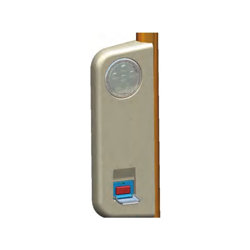 TDK-2419 bus EDSS emergency-stop unit — covered emergency-stop button with a round status indicator, pillar-mounted
